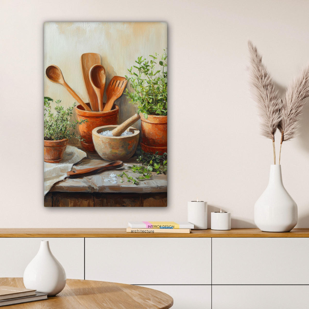 LEINWANDBILD Töpfe - Kräuter - Holz 40x60 cm - Terracotta, Textil (40/60cm) - MuchoWow