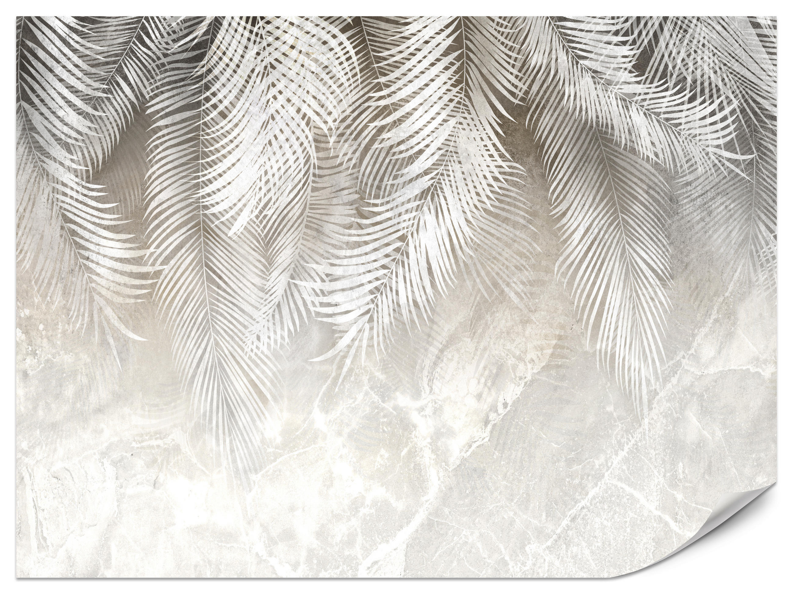 FOTOTAPETE für Schlafzimmer Vintage Palmenblätter auf Marmor Beige 500x350 - Weiß/Grau, Papier (500/350cm) - Muralo