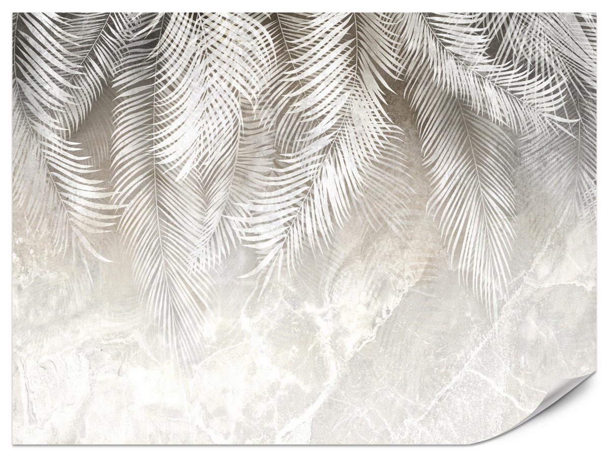 FOTOTAPETE für Schlafzimmer Vintage Palmenblätter auf Marmor Beige 500x350 - Weiß/Grau, Papier (500/350cm) - Muralo
