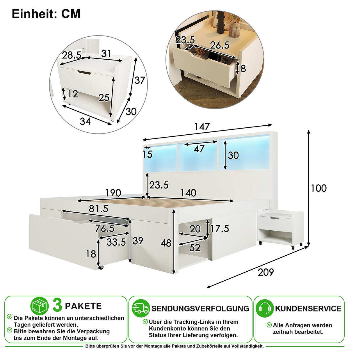 POSTEL 140/190 cm v bílé barvě s LED, USB, Type-C a úložným prostorem - bílá, dřevo/kompozitní dřevo (140/190cm) - CHICFURN