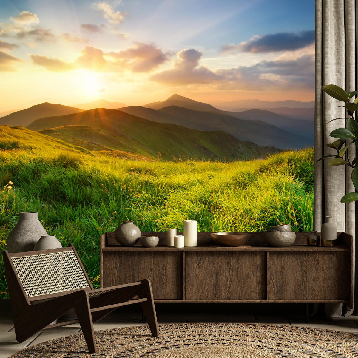 FOTOTAPETE für Wohnzimmer Sonnenuntergang Berge Wiese Gras 400x280 - Gelb/Beige, Papier (400/280cm) - Muralo