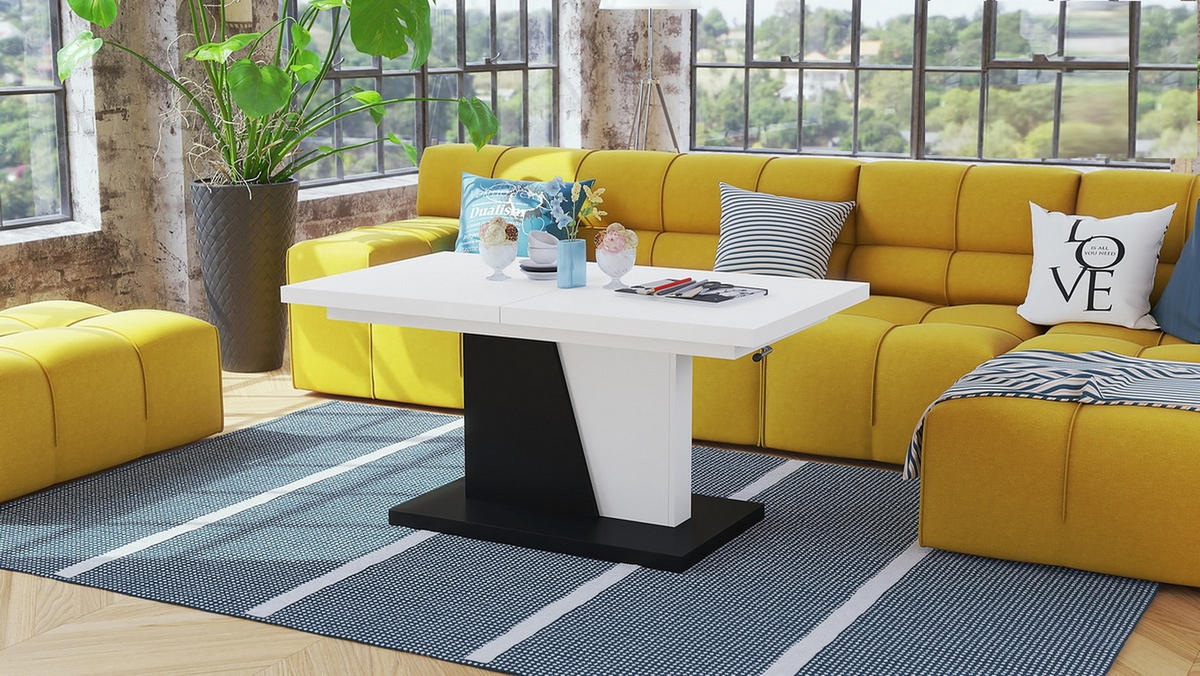 COUCHTISCH rechteckig Weiß Schwarz ausziehbar höhenverstellbar - Schwarz/Weiß, Holzwerkstoff (70/120/60cm) - designimpex