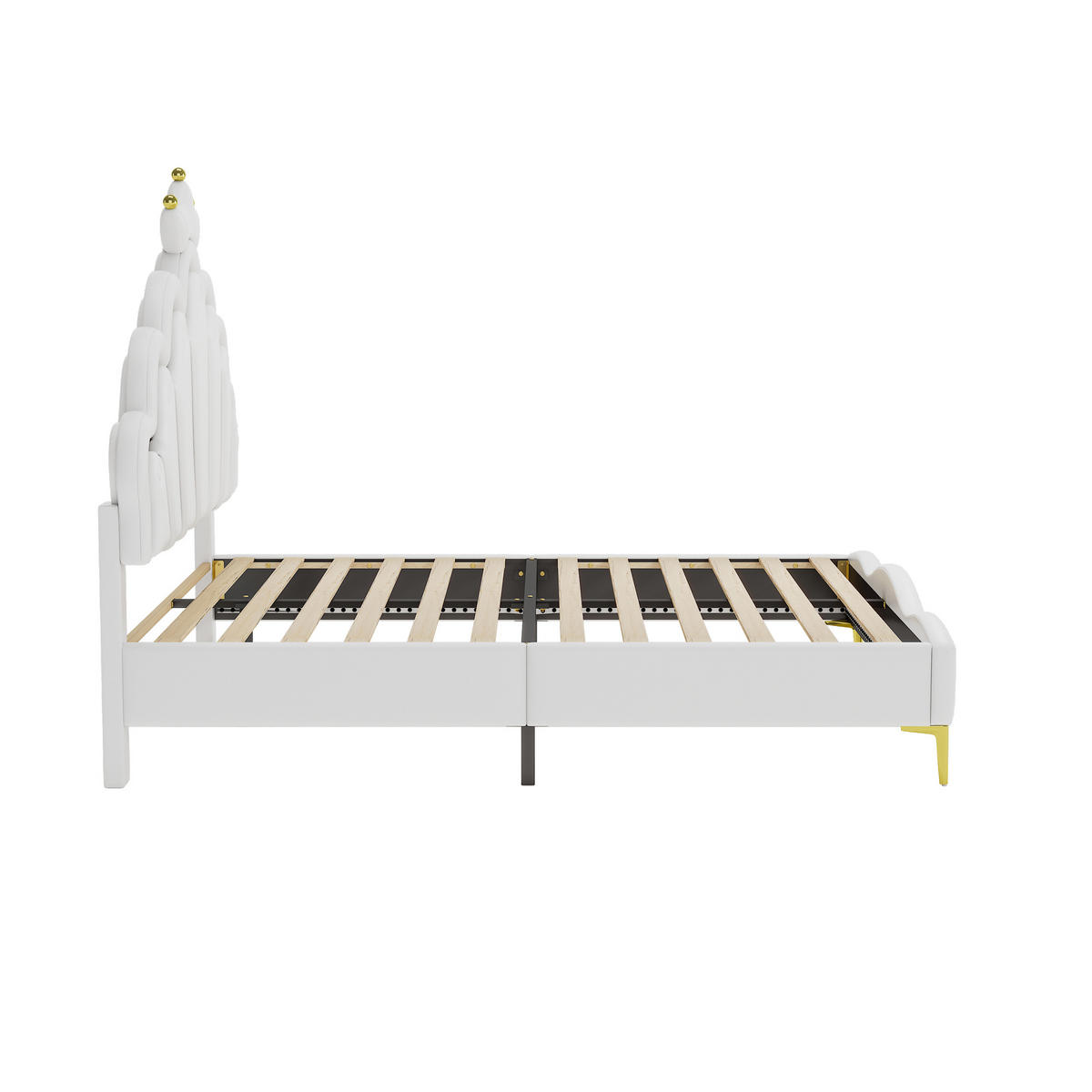 FLACHBETT 140x200cm Weiß Doppelbett Kronenform PU-Leder LED - Weiß, Holz (140/200cm) - FLIEKS