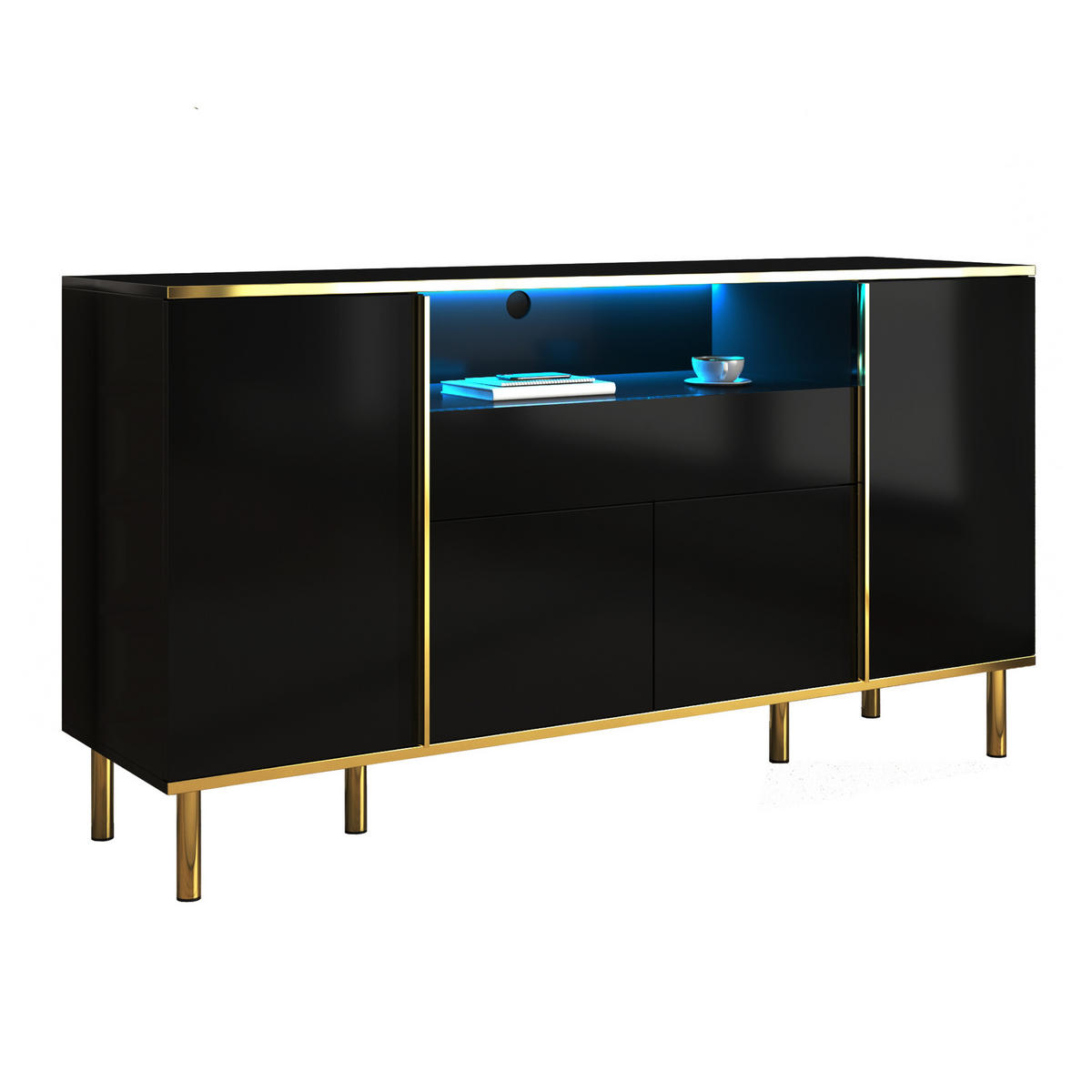 BUFFETSCHRANK mit LED-Beleuchtung und goldenen Akzenten - Weiß, Holzwerkstoff (150/80/40cm) - Urban Meuble
