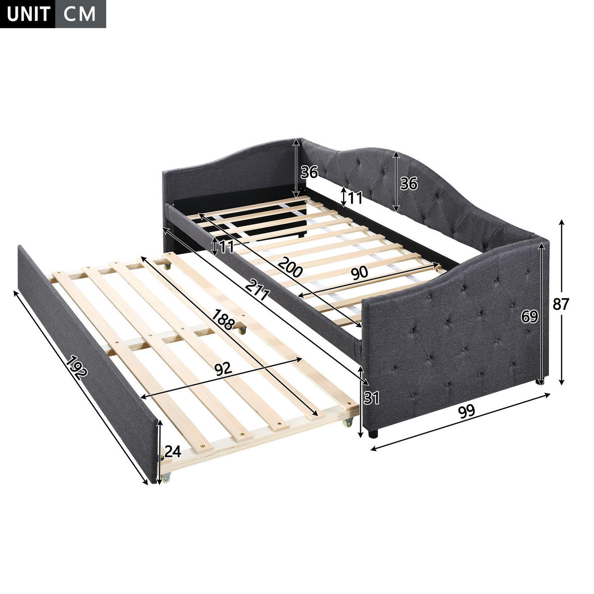 TAGESBETT 90/200 cm Grau mit ausziehbarem Bett aus Leinen - Grau, Textil (90/200cm) - OKWISH