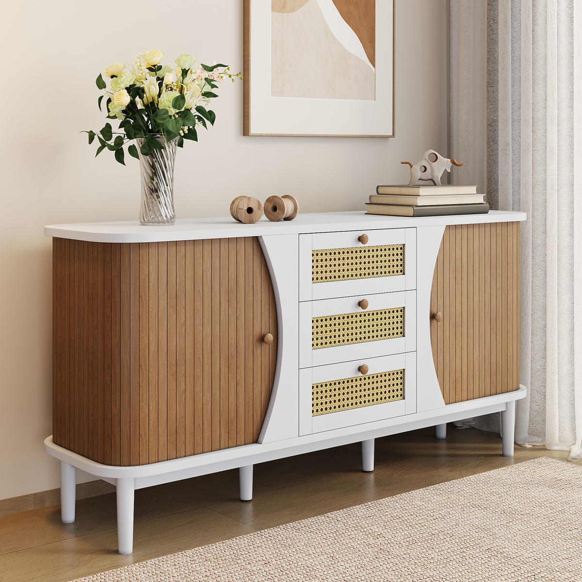 SIDEBOARD 140,5/40/76 cm mit 3 Rattanschubladen und verstellbaren Einlegeböden aus MDF und Spanplatte, Weiß/Holzfarbe - Weiß, Holzwerkstoff (140.5/76/40cm) - Redom