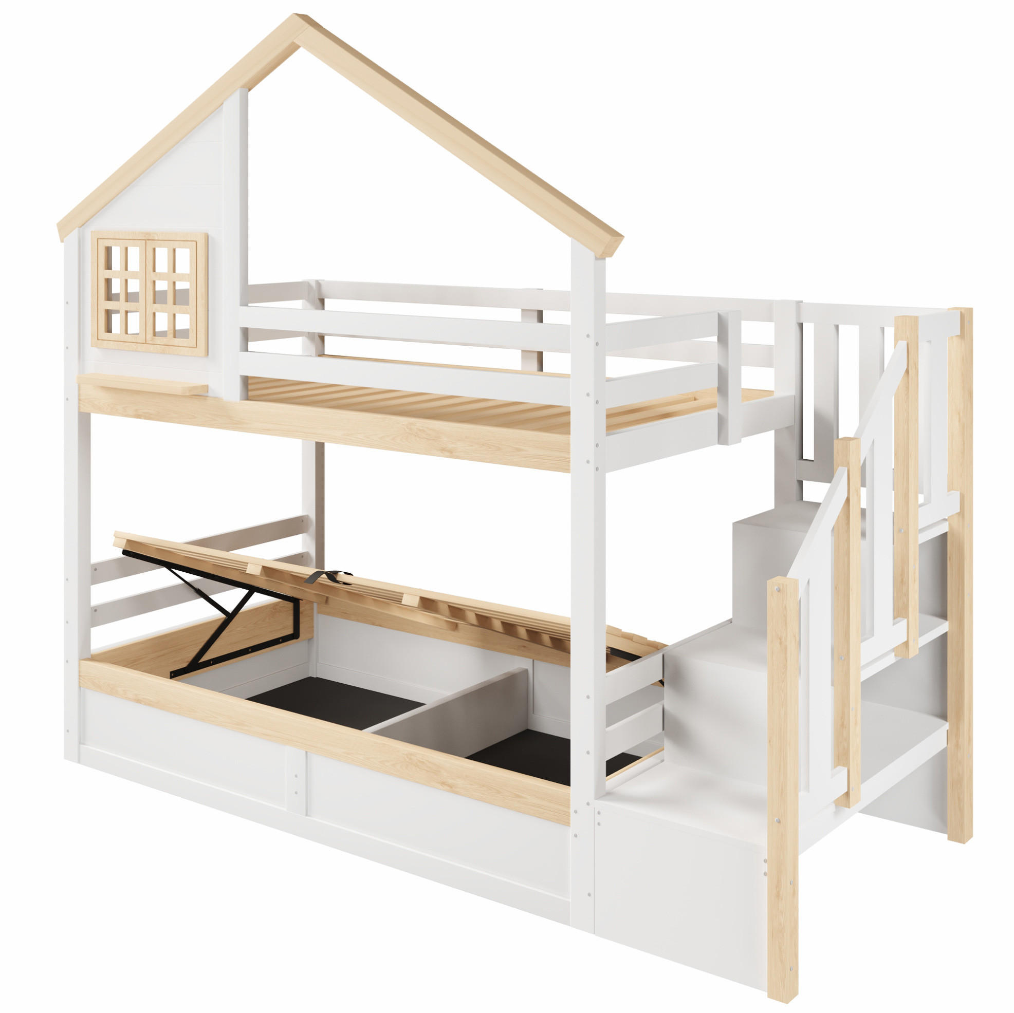 ETAGENBETT 90/200 cm aus Kiefernholz mit Stauraum und Bettgitter, Weiß Natur - Naturfarben, Holz (90/200cm) - OKMYHOME