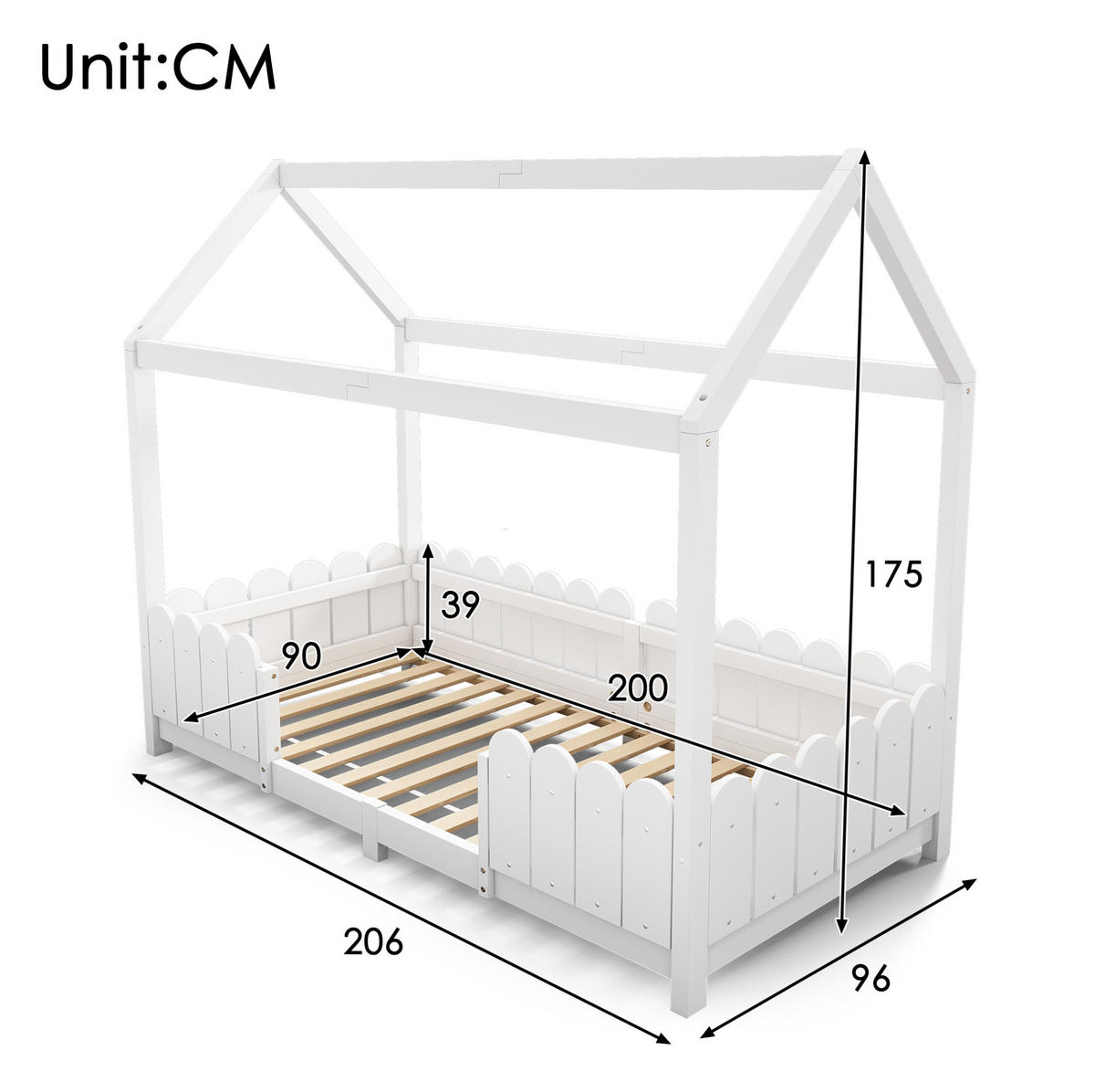 KINDERHAUSBETT 90/200 cm Weiß aus Kiefernholz und MDF mit Rausfallschutz - Weiß, Holz (90/200cm) - OKMYHOME