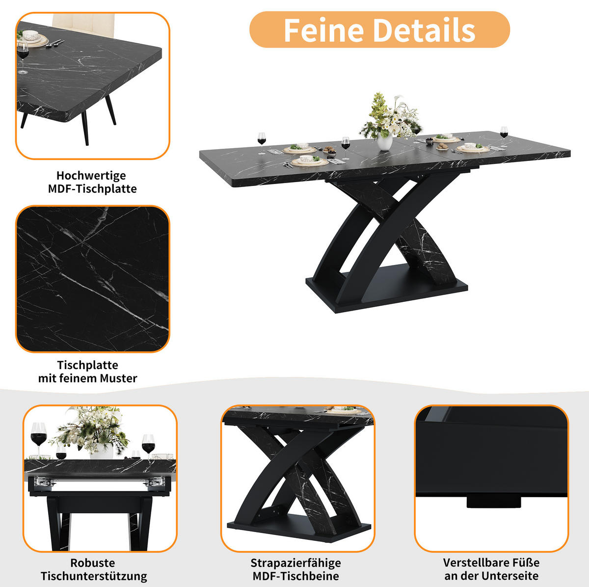 ESSTISCH 120-160/80/75 cm in Schwarz-Weiß, ausziehbar mit X-Gestell - Schwarz, Holzwerkstoff (120/80/75cm) - Flora Grace