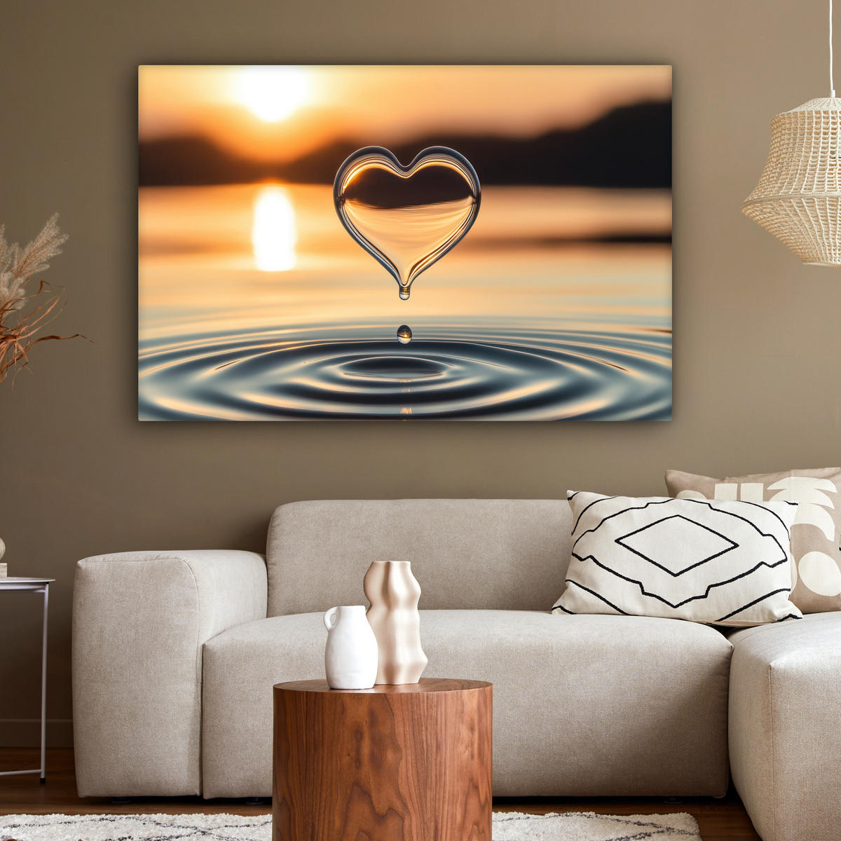 OBRAZ NA PLÁTNE Srdce - Voda - Západ slnka - Príroda - Zen 120x80 cm - jantárová, textil (120/80cm) - MuchoWow