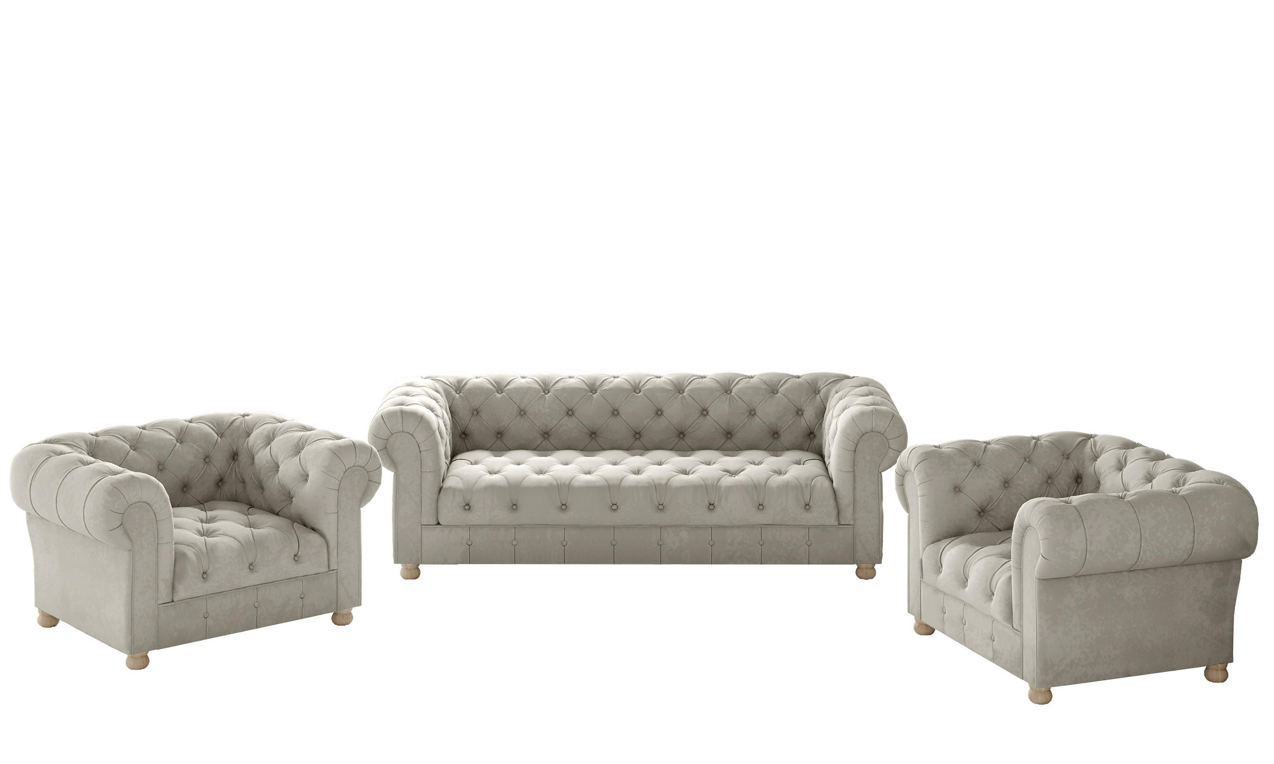 SITZGARNITUR 3+1+1 CHESTERFIELD Elegant Klassisch Schick Stoff Whisper Creme - Creme, Holz (202/77/90cm) - Kaiser Möbel