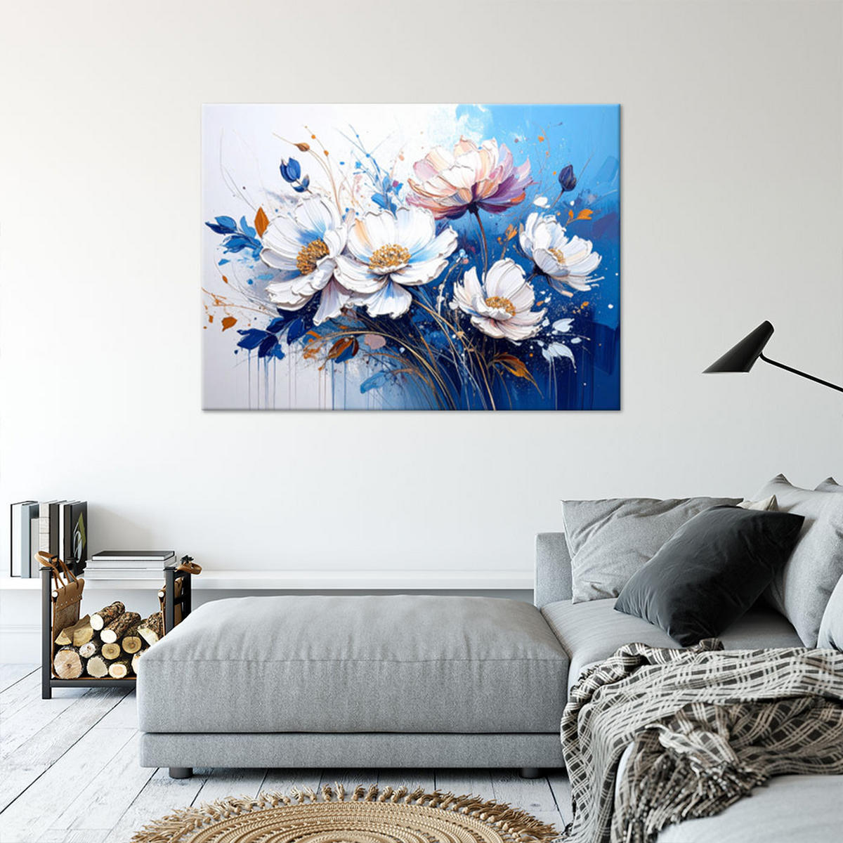 WANDBILD, Weiße und blaue Blüten - Blau, Textil (100/70cm) - Feeby