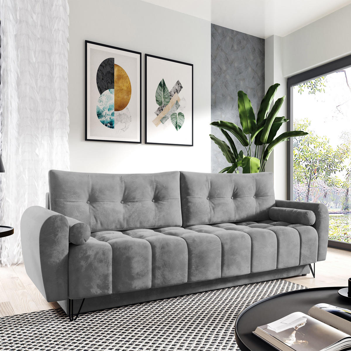 SCHLAFSOFA Malaga 3-Sitzer, Grau - Schwarz/Grau, Textil (223/93/100cm) - Beautysofa