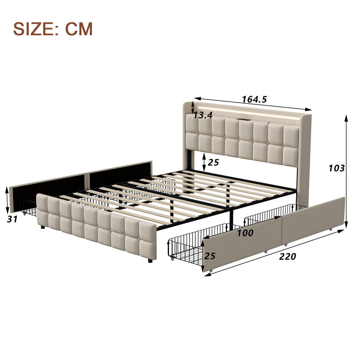 POLSTERBETT Geometrisch 160/200 cm mit 4 Schubladen & LED Leinenoptik Beige - Beige, Textil (160/200cm) - Creahappy