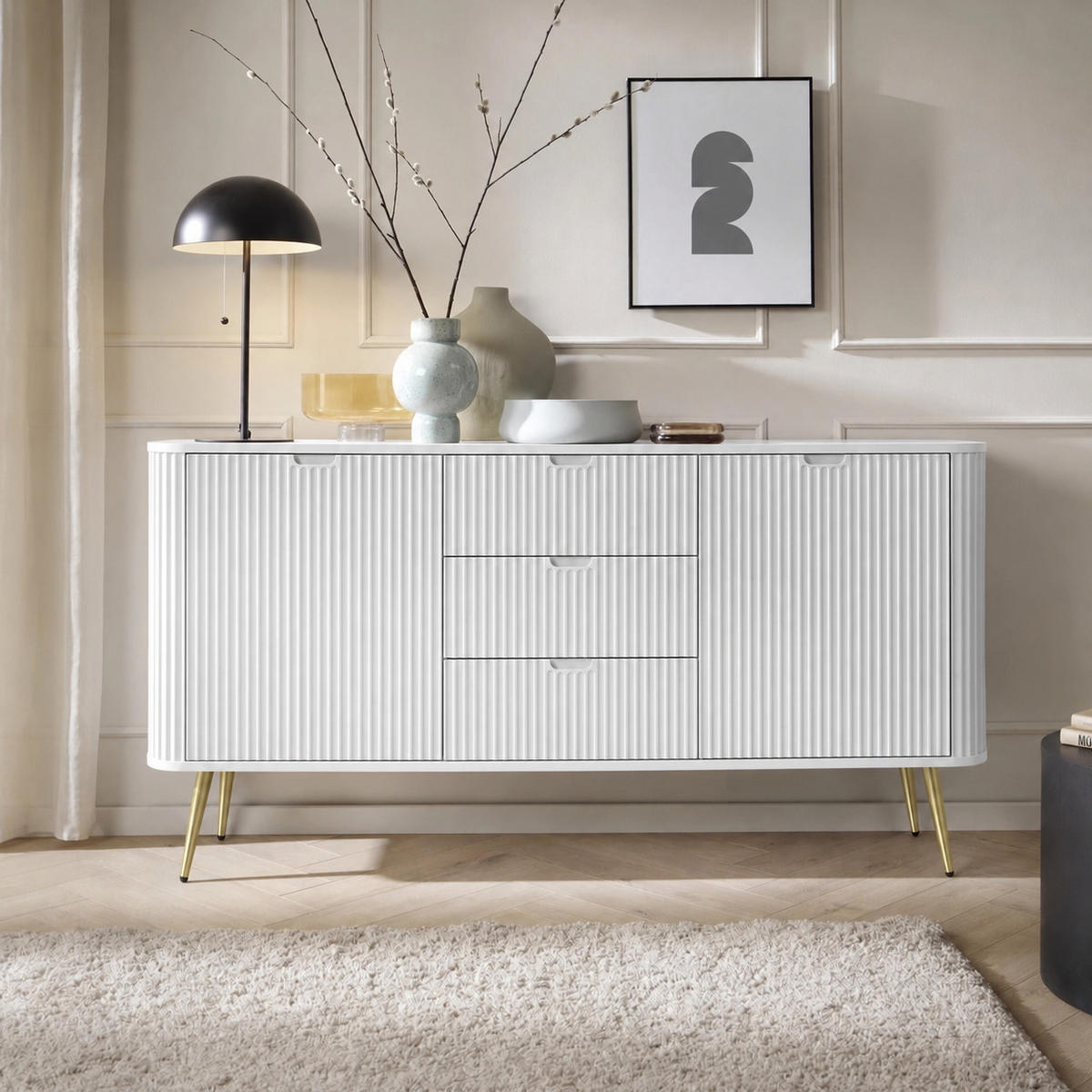 KOMMODE PORTO (Oval, Rillenfront, Weiß Matt, Goldene Füße) - Goldfarben/Weiß, Holz/Holzwerkstoff (168/87/39cm) - Ravio