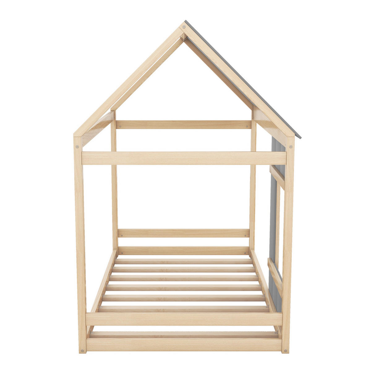 HAUSBETT aus Kiefernholz 90x200 cm Natur/Grau im Hausdesign mit Dach, Fenster und offenem Rahmen - Grau, Holzwerkstoff (90/200cm) - Modfu