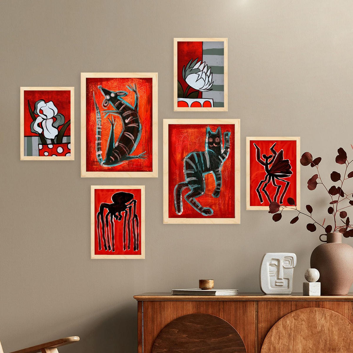 POSTER Set Mit 6 Kreaturen Frames 1 In Tiere Abstracts Ästhetische Dekorative Gemälde Für Ihr Wohnzimmer Zuhause A3 & A4 Rahmen Aus Hellem Holz - Beige, Papier (29/3cm) - Nacnic