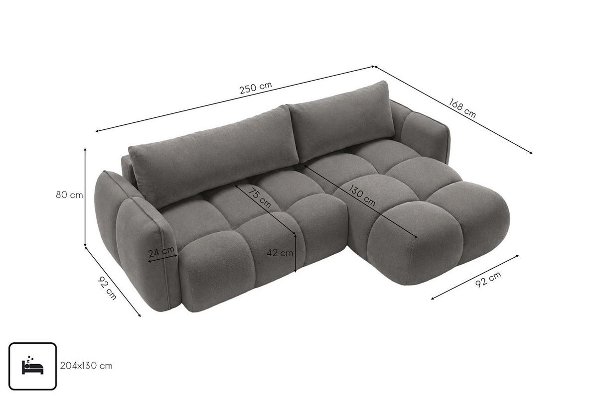 ROHOVÁ SEDAČKA ve tvaru L s funkcí spaní, velurová tkanina Bluvel, Popelavě šedá, Pravá strana, BELVEDER L - šedá, dřevo (250/168cm) - Kaiser Möbel