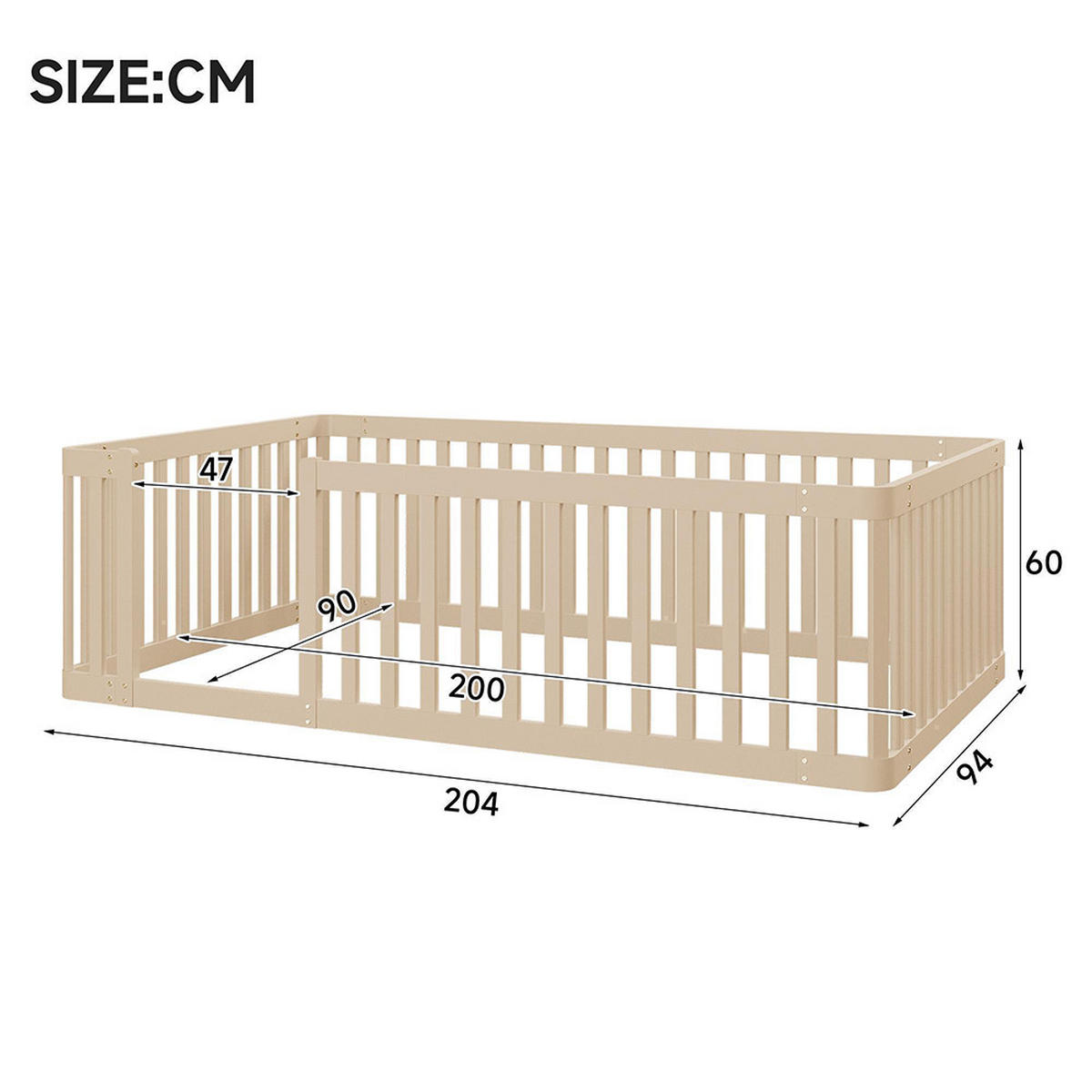 PLATTFORMBETT 90x200 cm mit Zaun, Cream - Creme, Holz (90/200cm) - KOMHTOM