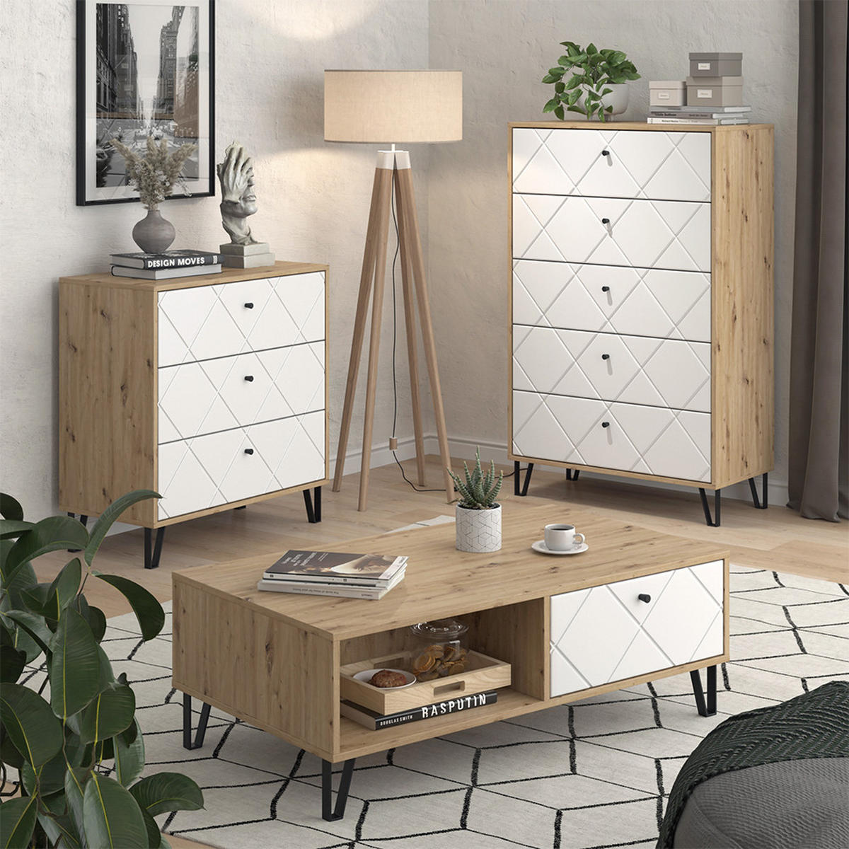 KOMMODE Nizza Artisan/Weiß 80.2 x 127.4 cm mit 5 Schubladen - Eiche Artisan/Weiß, Holzwerkstoff (80.2/127.4/40.1cm) - Vicco