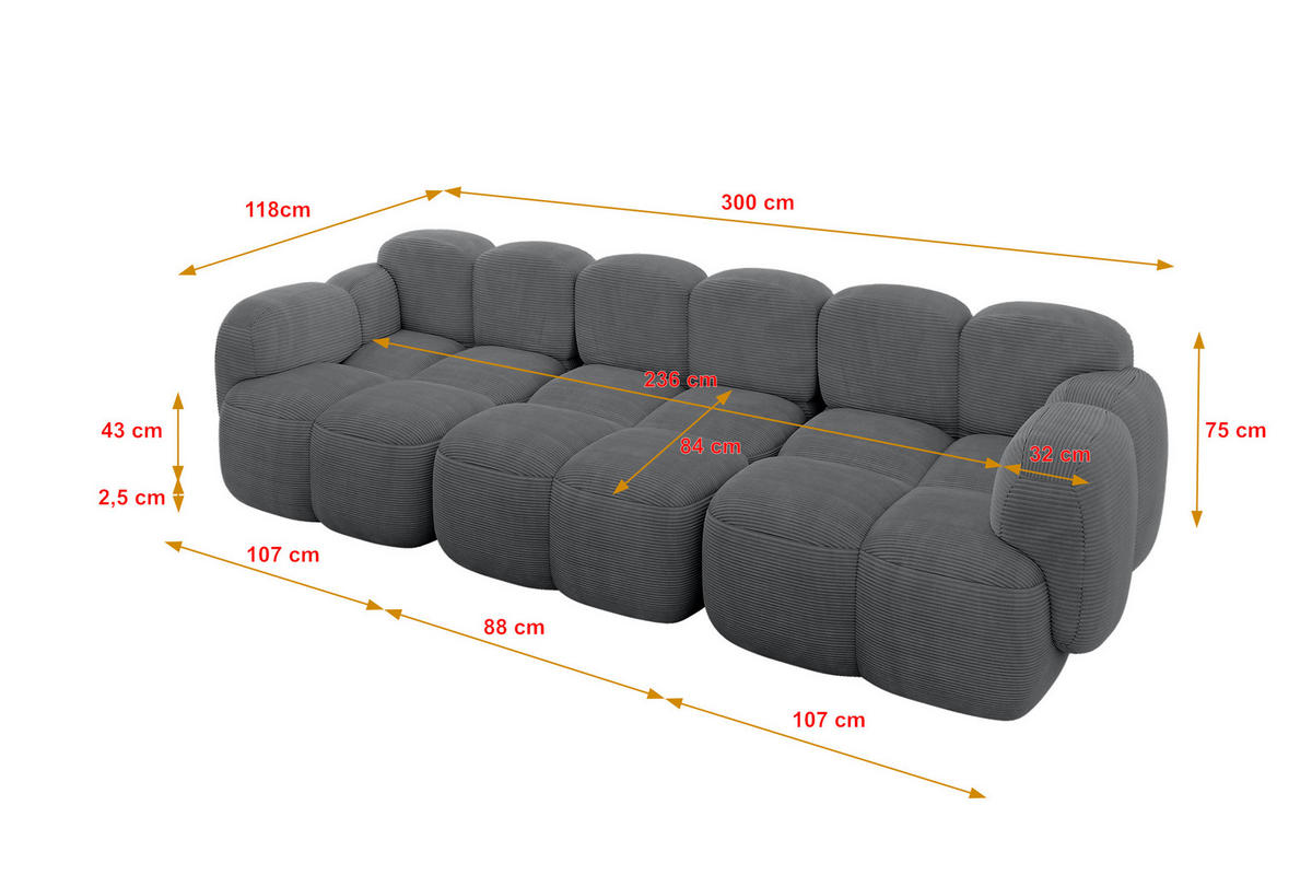 3-SITZER modulares Sofa Miko-S2 300x118x75 cm Dunkelgrau Cord - Graphitfarben/Schwarz, Holzwerkstoff/Kunststoff (300/75/118cm) - ALTDECOR
