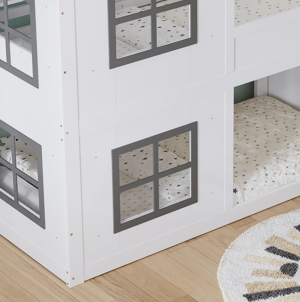 ETAGENBETT 90/200 cm mit Treppenregal, Fenstern und Dach, Kiefer/MDF, Weiß/Grau - Weiß, Holz (90/200cm) - Redom