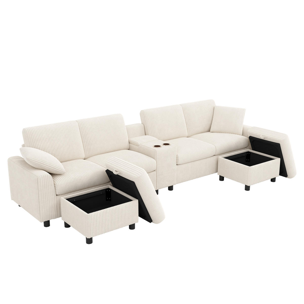 WOHNLANDSCHAFT Corduroy Beige mit 2 Hockern und Tisch mit USB und Type-C-Anschlüssen 315/81/135 cm - Beige, Textil (315/81/135cm) - OKWISH