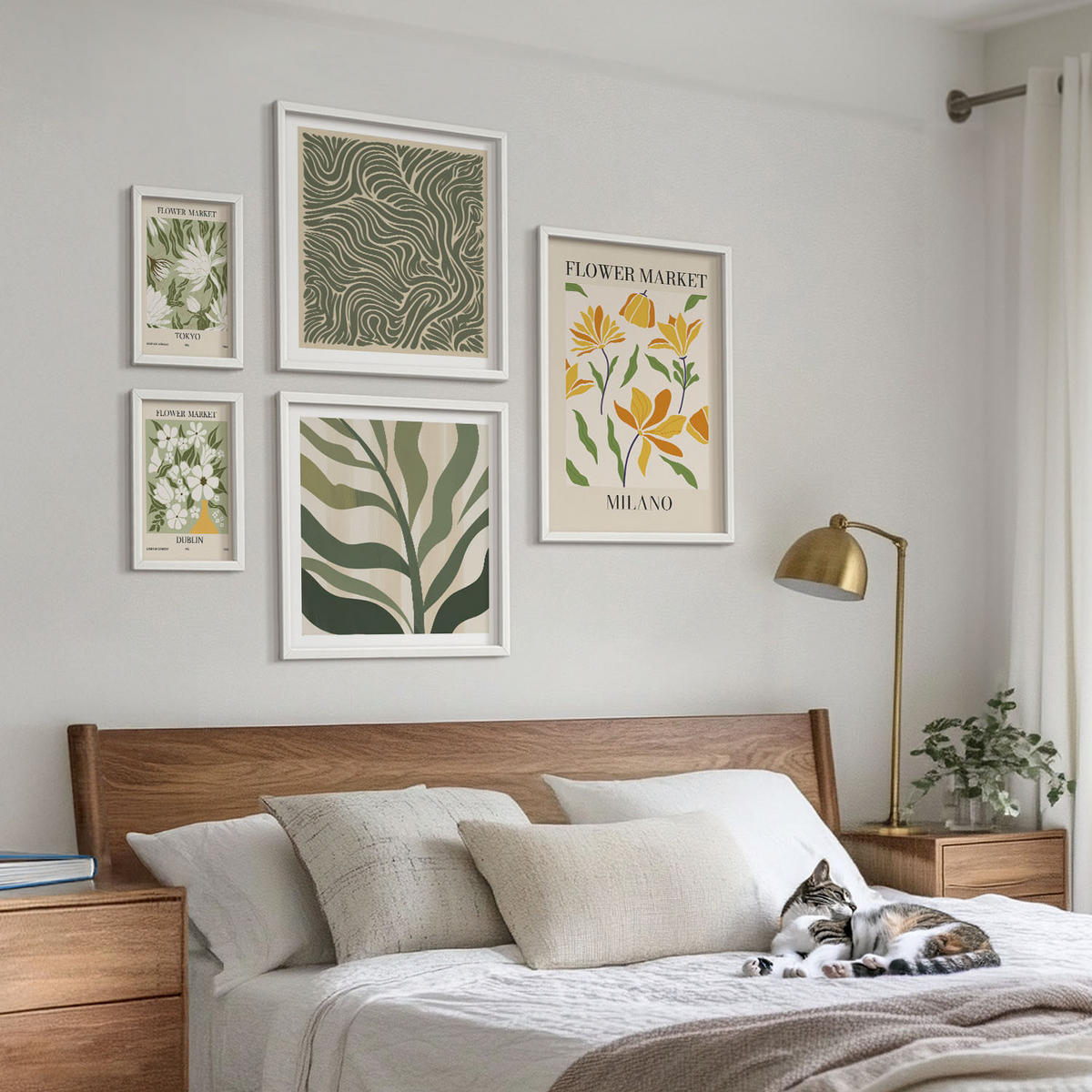 WANDBILDER 5er-Set - 50x50 cm & 20x30 cm & 40x60 cm Weißer Rahmen - Pflanzenmuster, Boho-Dekorationen - Weiß, Kunststoff (40/60cm) - ArtPrintCave