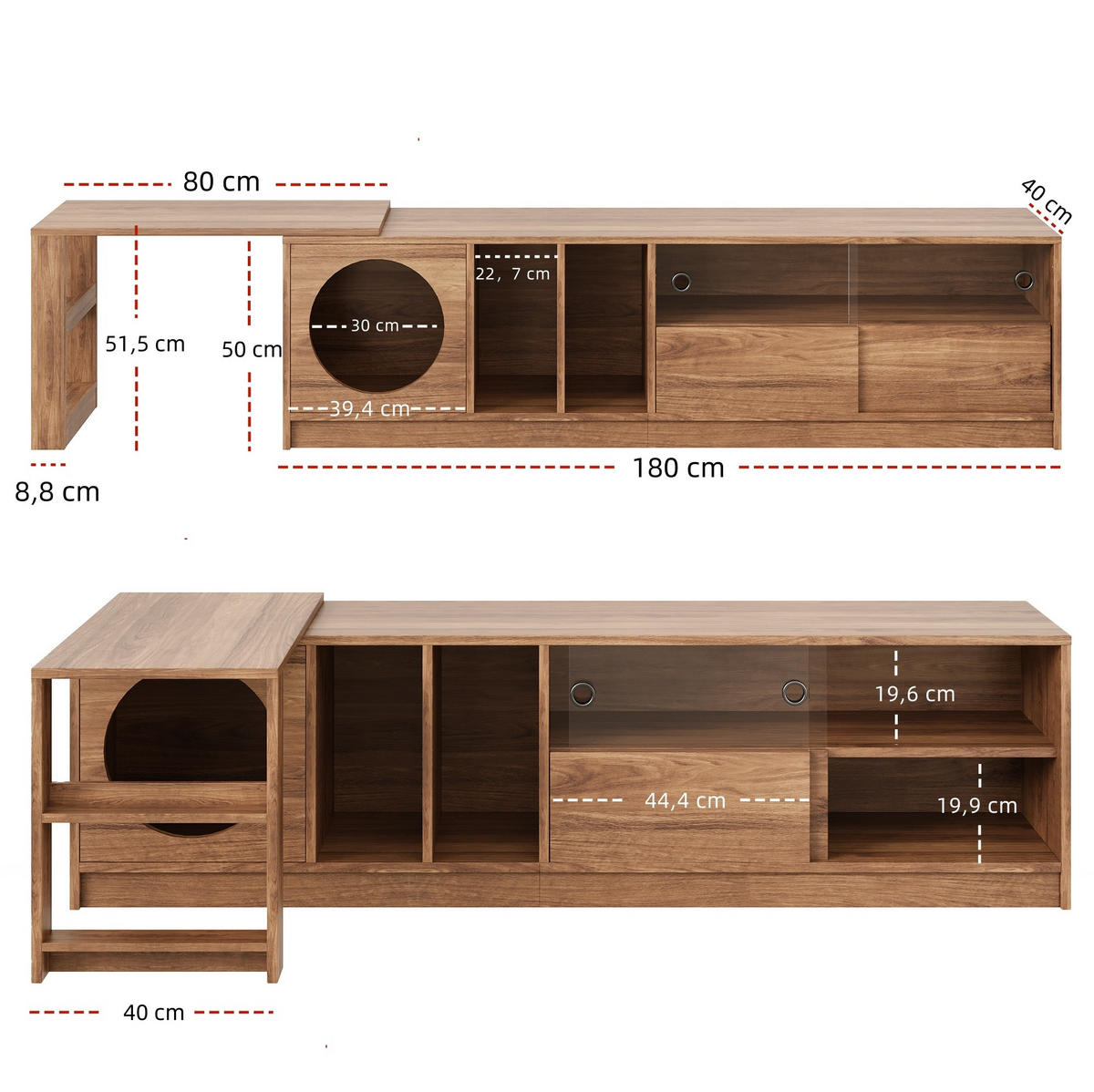 TV-SCHRANK ausziehbar und drehbar in Nussbaum 180/40/50 cm (bis 260 cm) - Walnussfarben, Holzwerkstoff (180/50/40cm) - Redom