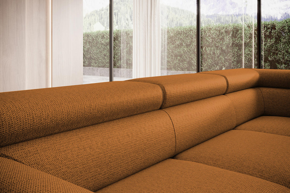 ECKSOFA Raven L mit Schlaffunktion und Bettkasten, Freistehend, Polstersofa mit Verstellbaren Kopfstützen, 257x198x96 cm – Rechte, Braun - Braun, Holz/Textil (256/198cm) - DomoHome