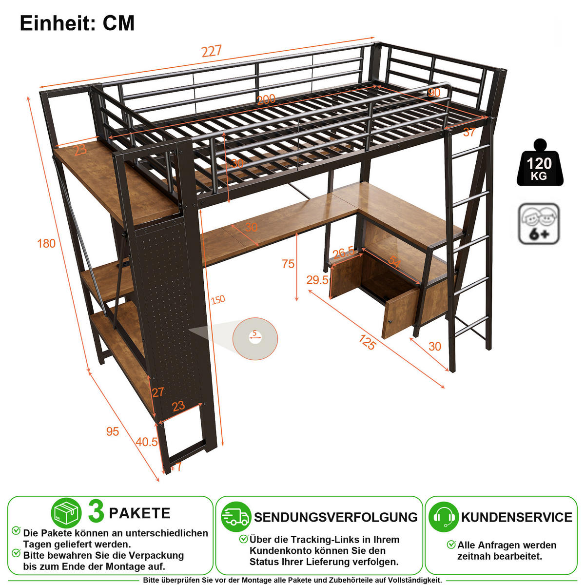 VYVÝŠENÁ POSTEL 90/200 cm v černé barvě s LED osvětlením, psacím stolem a USB - černá, kov/kompozitní dřevo (90/200cm) - CHICFURN