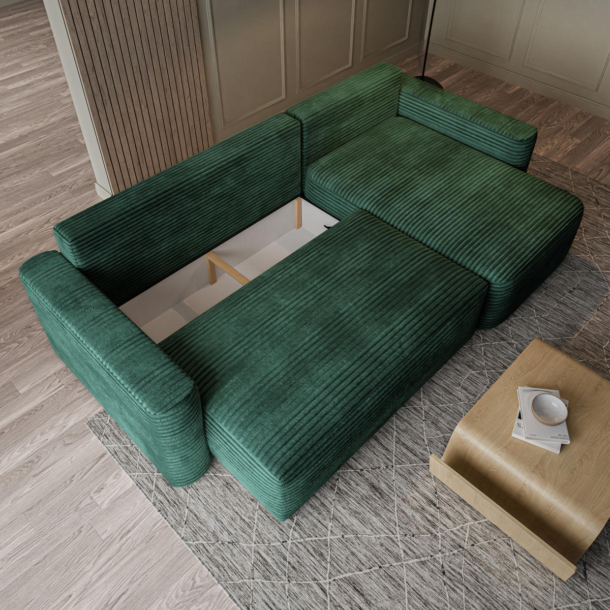 ECKSOFA NERI T Grün Kordstoff mit Schlaffunktion - Grün, Holzwerkstoff/Textil (280/157cm) - MASSENO