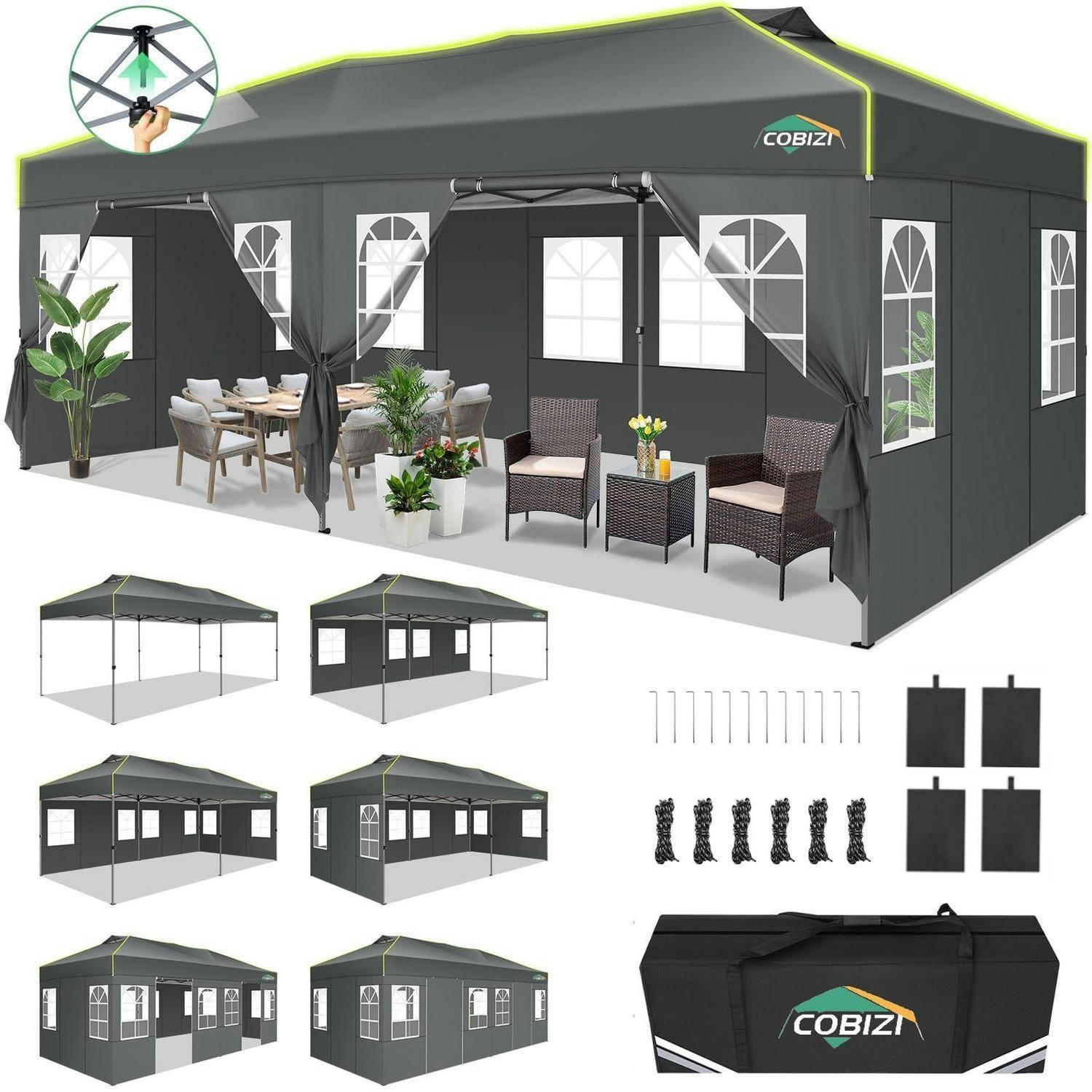 FALTPAVILLON 3x6m grau mit 6 Seitenwänden und Ein-Knopf-Zentralverriegelung - Grau, Textil (300/298.2/600cm)