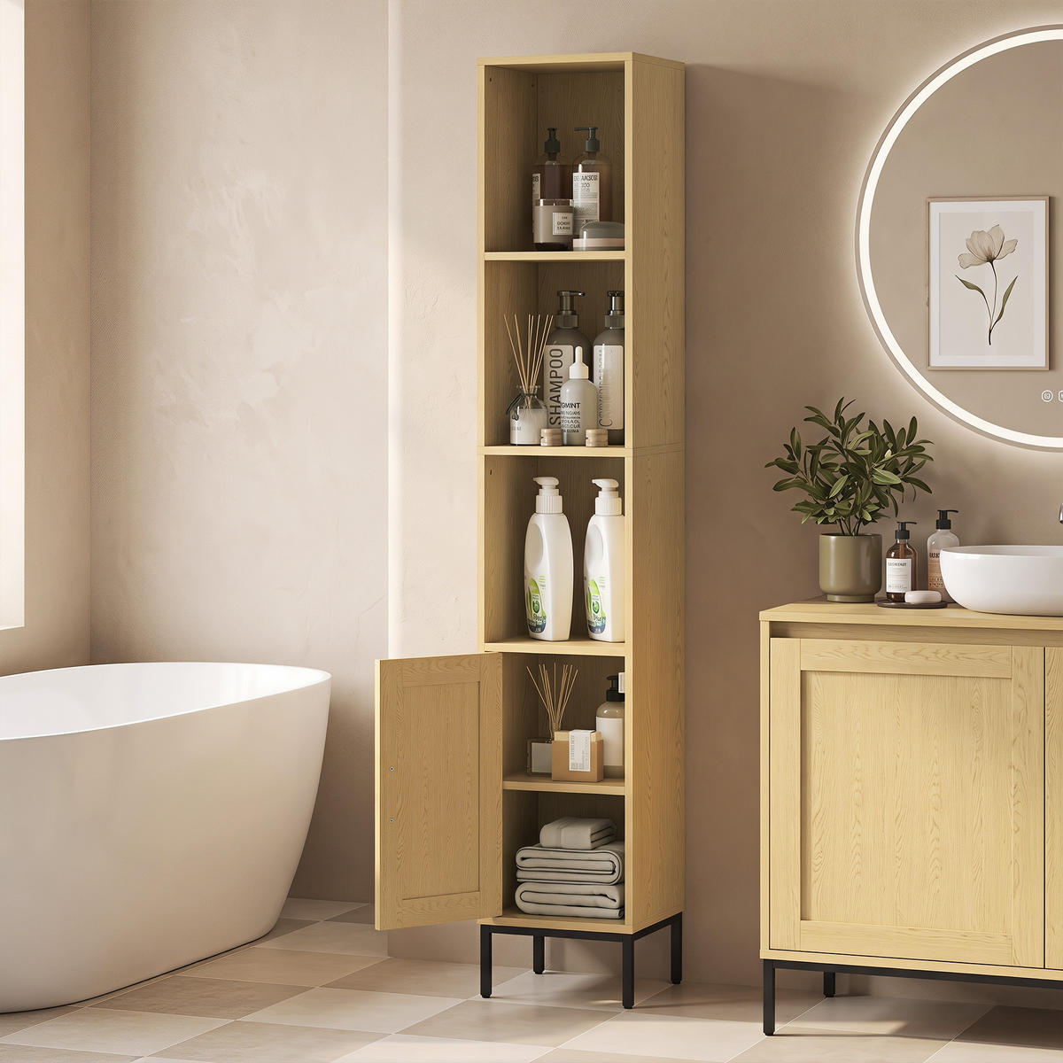 BADEZIMMERSCHRANK Spanplatte Stahl Naturholz - Schwarz/Naturfarben, Holzwerkstoff/Kunststoff (30/164/30cm) - HOMCOM