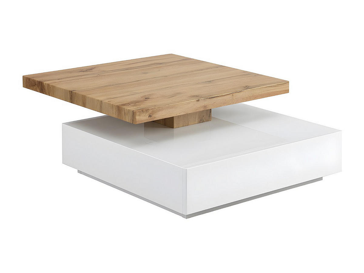 COUCHTISCH drehbar - 1 Schublade - MDF - Weiß & Holzfarben - KYRIA - Weiß, Holz (80/80/36cm) - Vente-Unique