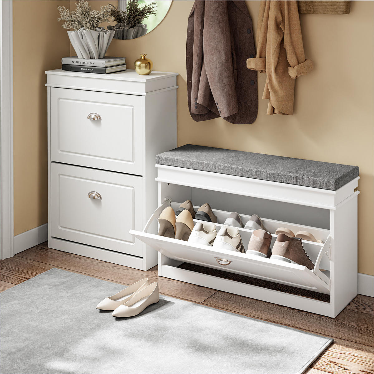 SCHUHBANK mit Sitzkissen und Klappe, Weiß 75x51x24cm - Weiß, Holzwerkstoff (75/51/24cm) - SoBuy