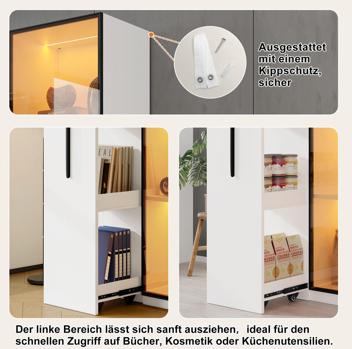 VITRINA 70/40/160 cm bijela od MDF-a s LED osvjetljenjem i izvlačnim policama - bijela, drvni materijal (70/160/40cm) - BEAOK