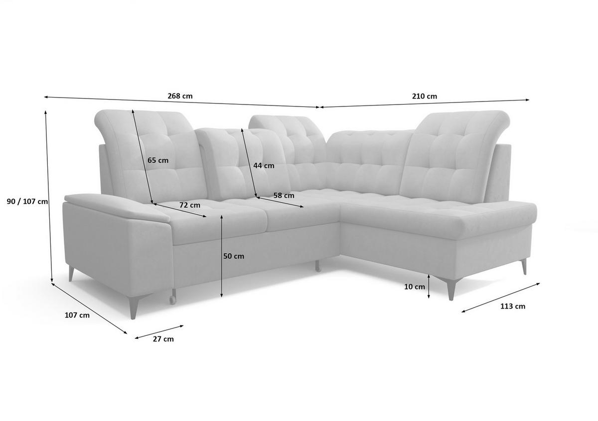 ECKSOFA KONGO RBN16, Eckcouch in L-Form mit Schlaffunktion, Farbe: Graphit, Velourstoff, Ottomane Rechts - Schwarz, Textil (268/210cm) - O-Sofa