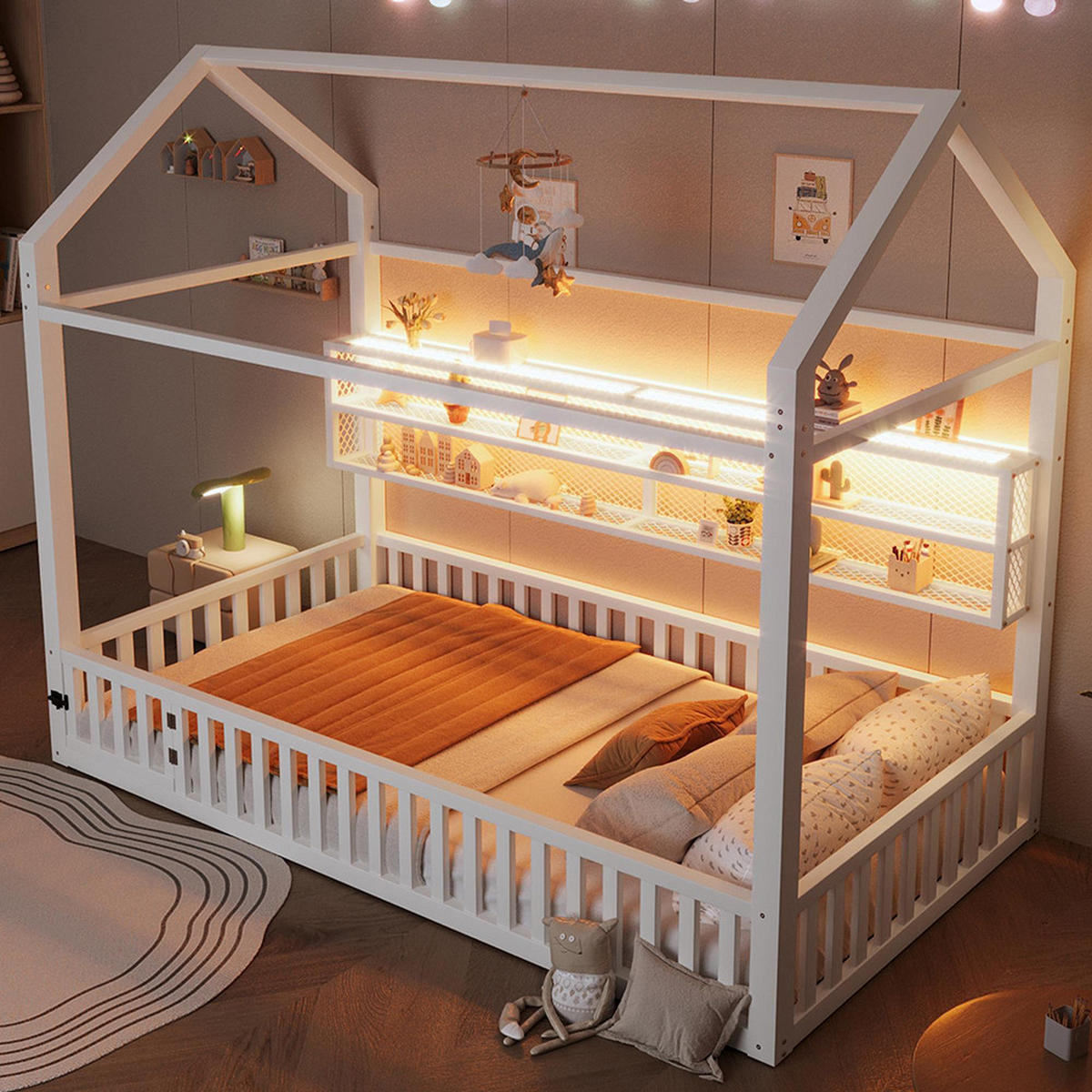 HAUSBETT 90x200 cm mit Zaun und LED-Beleuchtung, Weiß - Weiß, Metall (90/200cm) - KOMHTOM