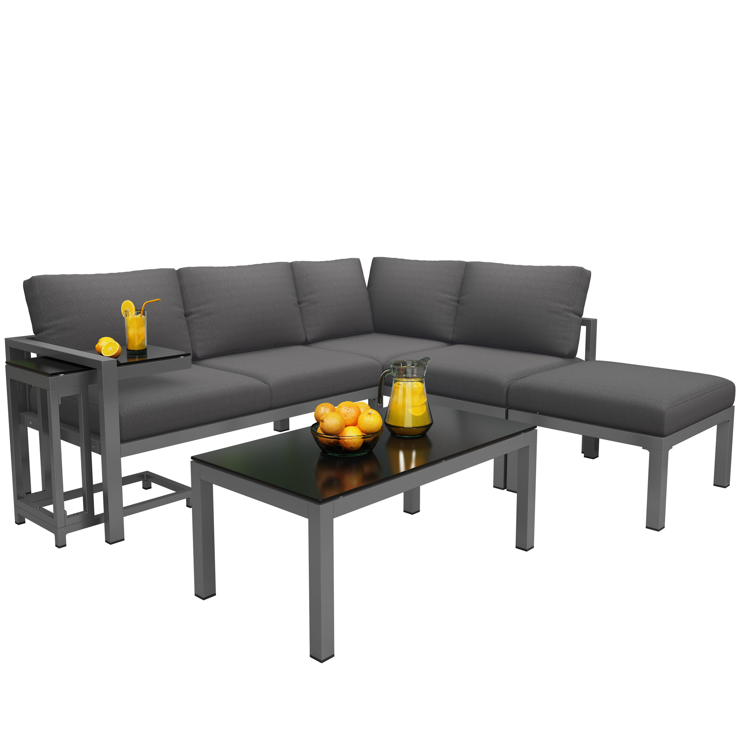 LOUNGESET 5er Grau Eck Mit Beistelltisch & Couchtisch - Grau, Metall - FLIEKS