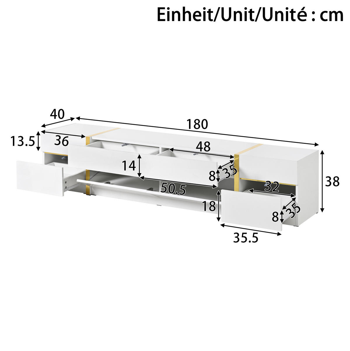 LOWBOARD 180/40/38 cm Weiß aus MDF und Spanplatte mit Hochglanzoberfläche - Weiß, Holzwerkstoff (40/38/180cm) - OKMYHOME