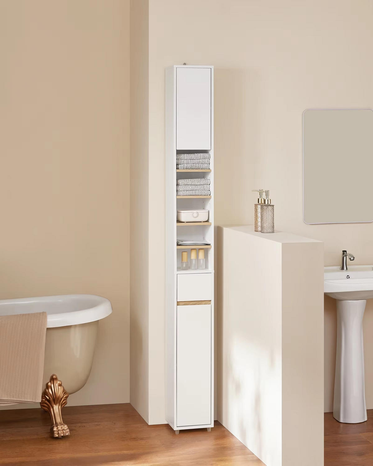 HOCHSCHRANK 20/180/20 cm 5 Fächer Türen Schublade Badezimmer - Weiß, Holz (20/180/20cm) - Coonoor