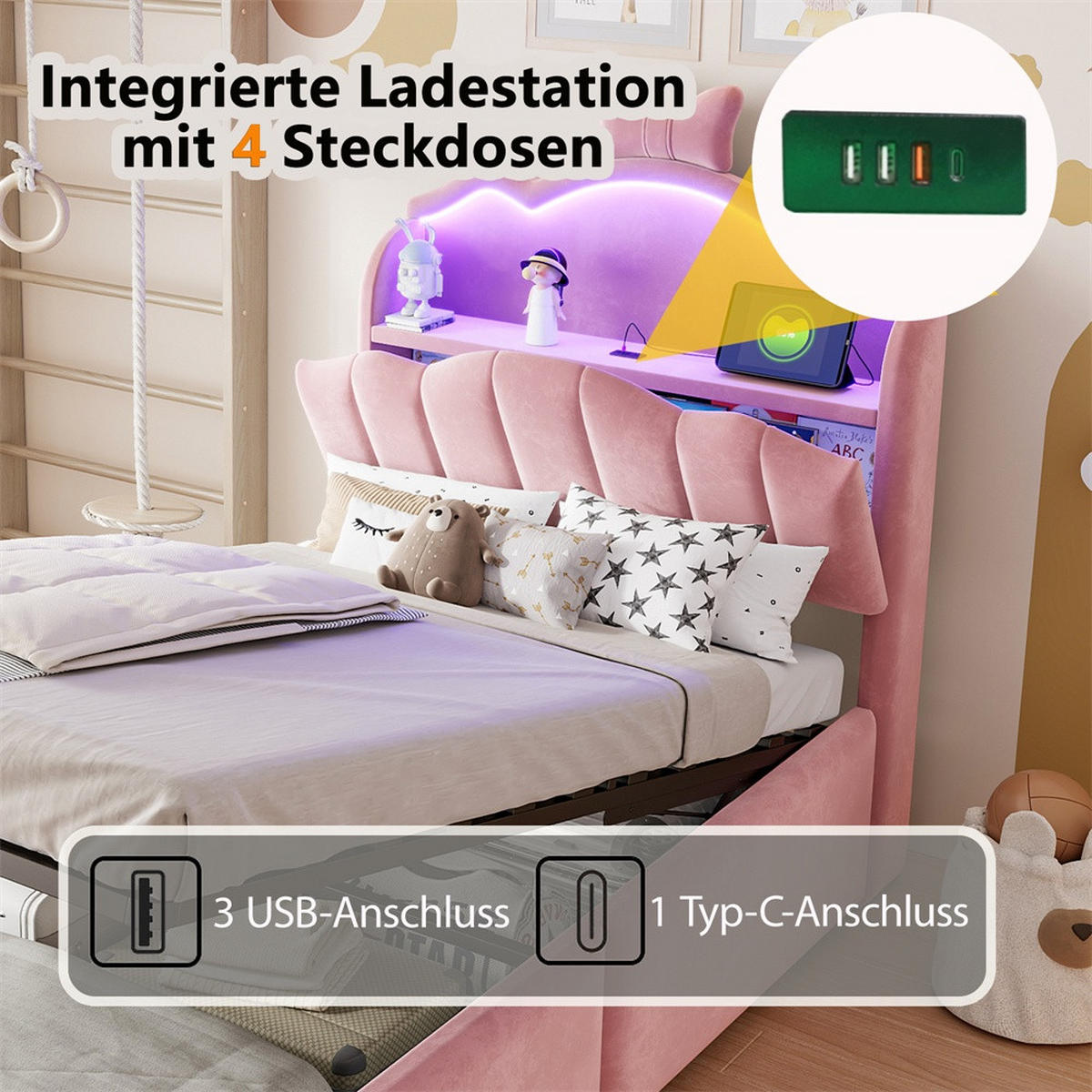 POLSTERBETT 90x200 cm mit hydraulischem Stauraum und LED Beleuchtung - 3USB - Anschlüsseund Typ-C - Beige - Beige, Textil (90/200cm) - DELFA
