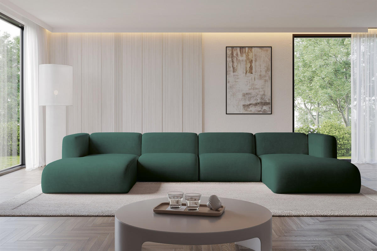 WOHNLANDSCHAFT MIRA-U2 408x179x70 Grün Velours - Dunkelgrün/Schwarz, Holzwerkstoff/Kunststoff (408/70/179cm) - ALTDECOR