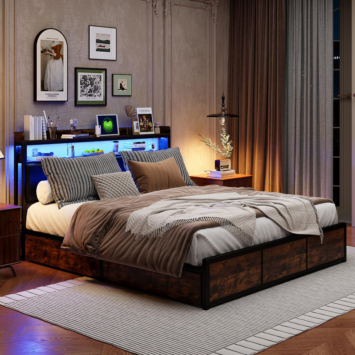 POLSTERBETT PU Bezug 140x200 cm mit LED, 4 Schubladen und Stauraum Kopfteil Schwarz - Schwarz, Holzwerkstoff (140/200cm) - Novahome