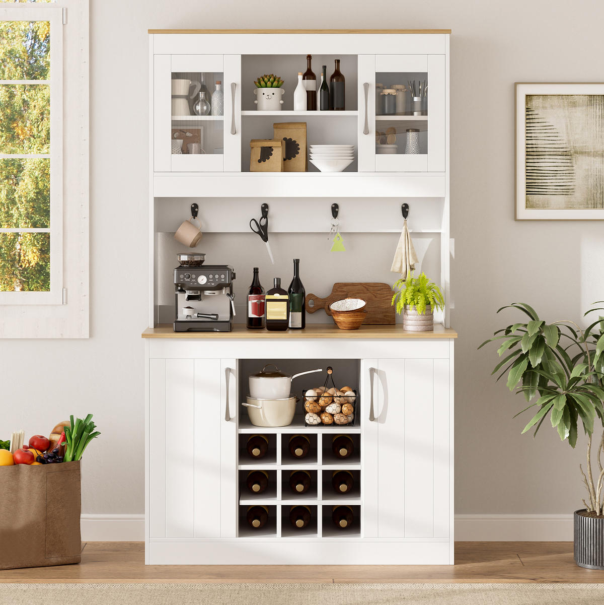 KÜCHENBUFFET aus Spanplatte 106x39x175 cm Weiß und Naturholzfarbe mit Glastüren, Weinregal und Hakenleiste - Weiß, Holzwerkstoff (106/175/39cm) - IVMEU