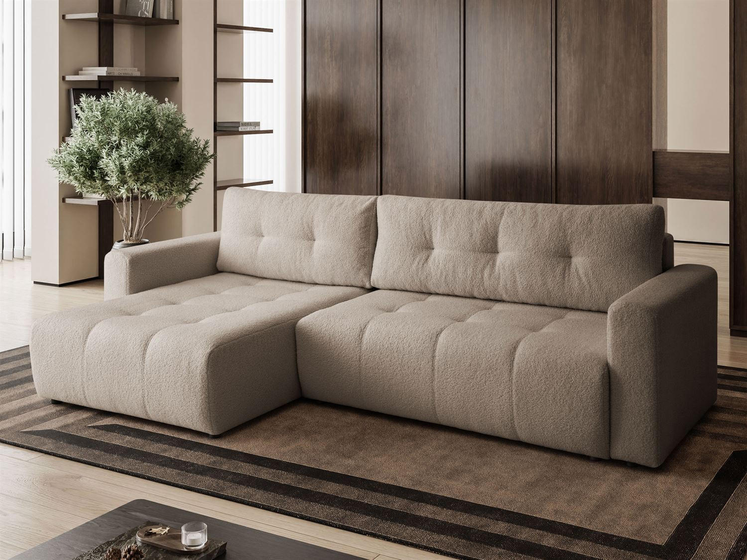 ECKSOFA VIENNA Stil Bettkasten und Funktionalität Bouclé Beige Links - Beige, Holz (143/261cm) - Kaiser Möbel