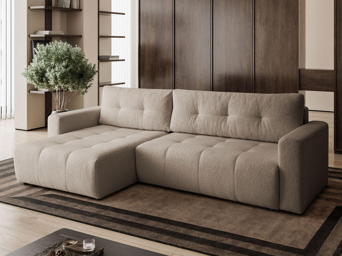 ECKSOFA VIENNA Stil Bettkasten und Funktionalität Bouclé Beige Links - Beige, Holz (143/261cm) - Kaiser Möbel