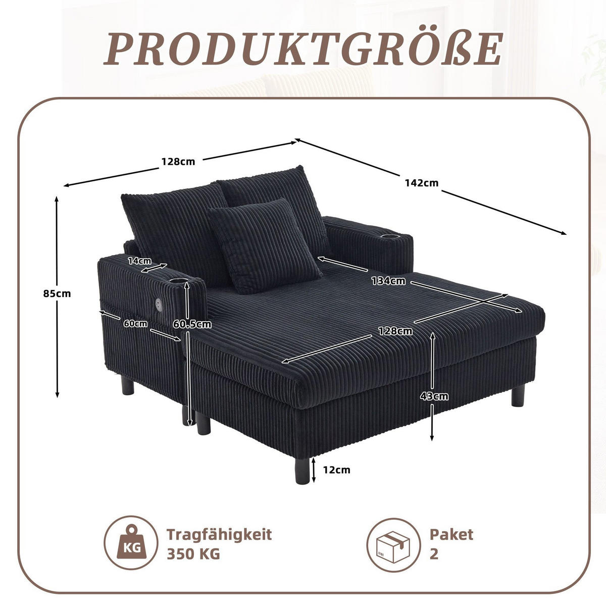 RELAXLIEGE XXL Polsterliege,Relaxsessel,3 Zierkissen,Cord,Schwarz - Schwarz, Textil (128/85/142cm) - LVHOM