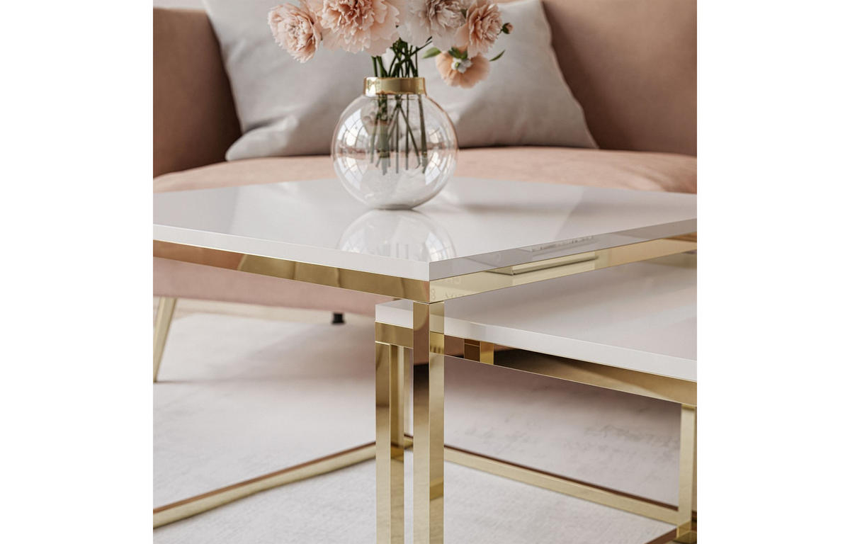 COUCHTISCH YOSHI 2in1 70/70/42 cm Gold Chrom / Weiß Hochglanz - Weiß, Holzwerkstoff/Metall (70/70/42cm) - Lookway